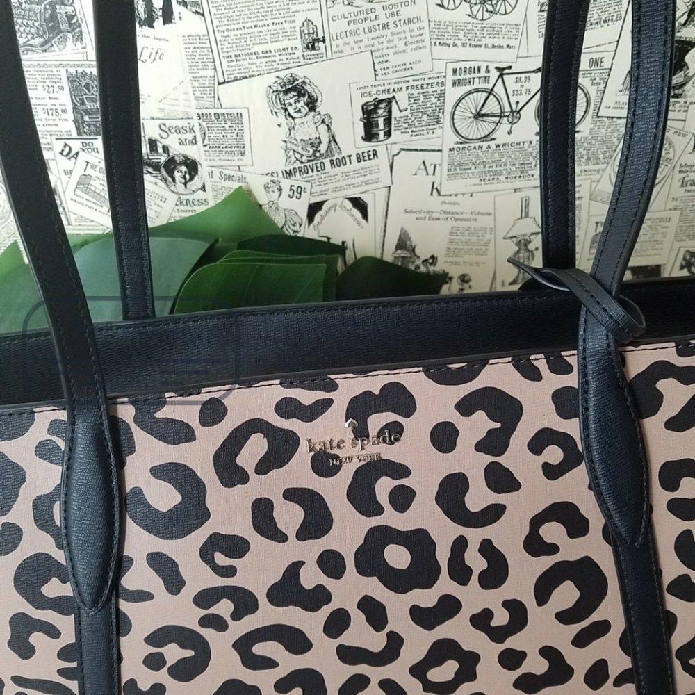 Kate Spade NWT Black Cara Leopard Animal Print Large Leather Tote Shoulder Bag - Picture 8 of 13
